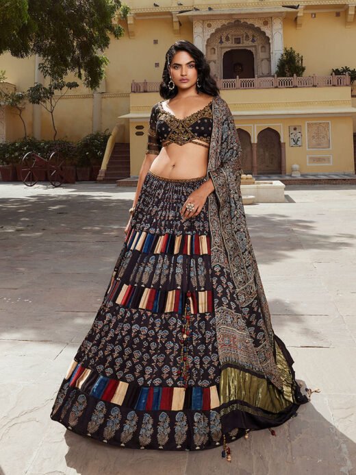 Black Ethnic Printed Vama Georgette Silk Lehenga Set