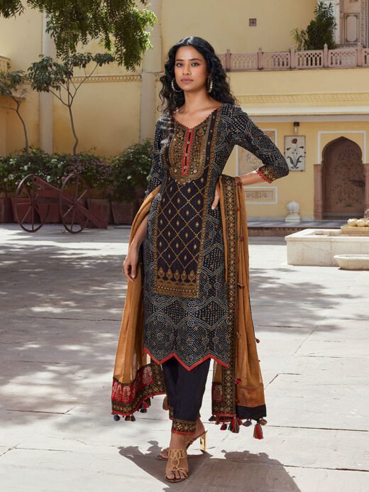 Black Bandhej Printed Tussar Silk Pants Set