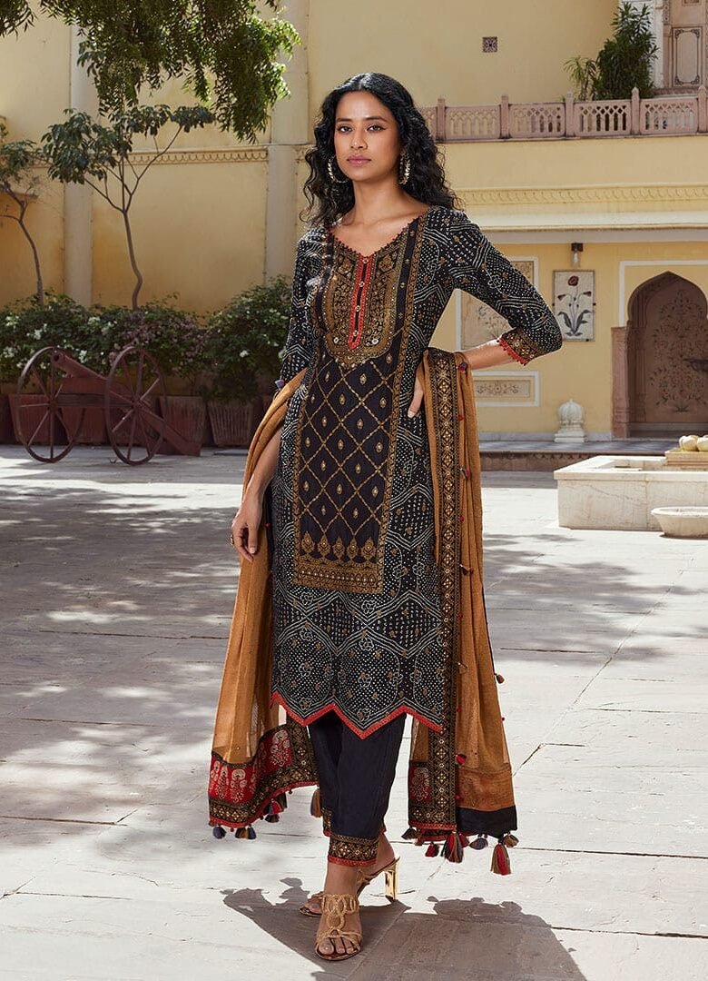 Black Bandhej Printed Tussar Silk Pants Set