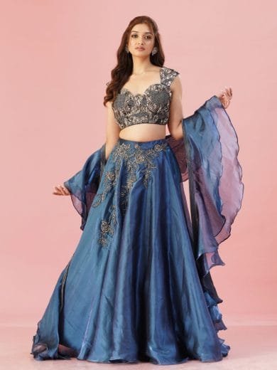 Blue Organza Lehenga - Image 3