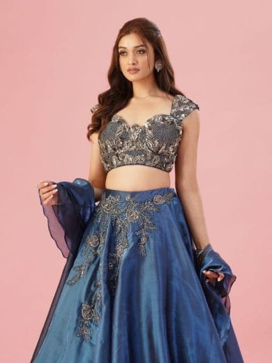 Blue Organza Lehenga - Image 4