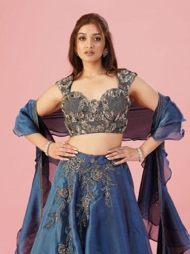 Blue Organza Lehenga - Image 5