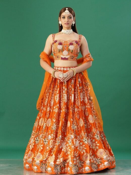 Orange Printed Lehenga Set