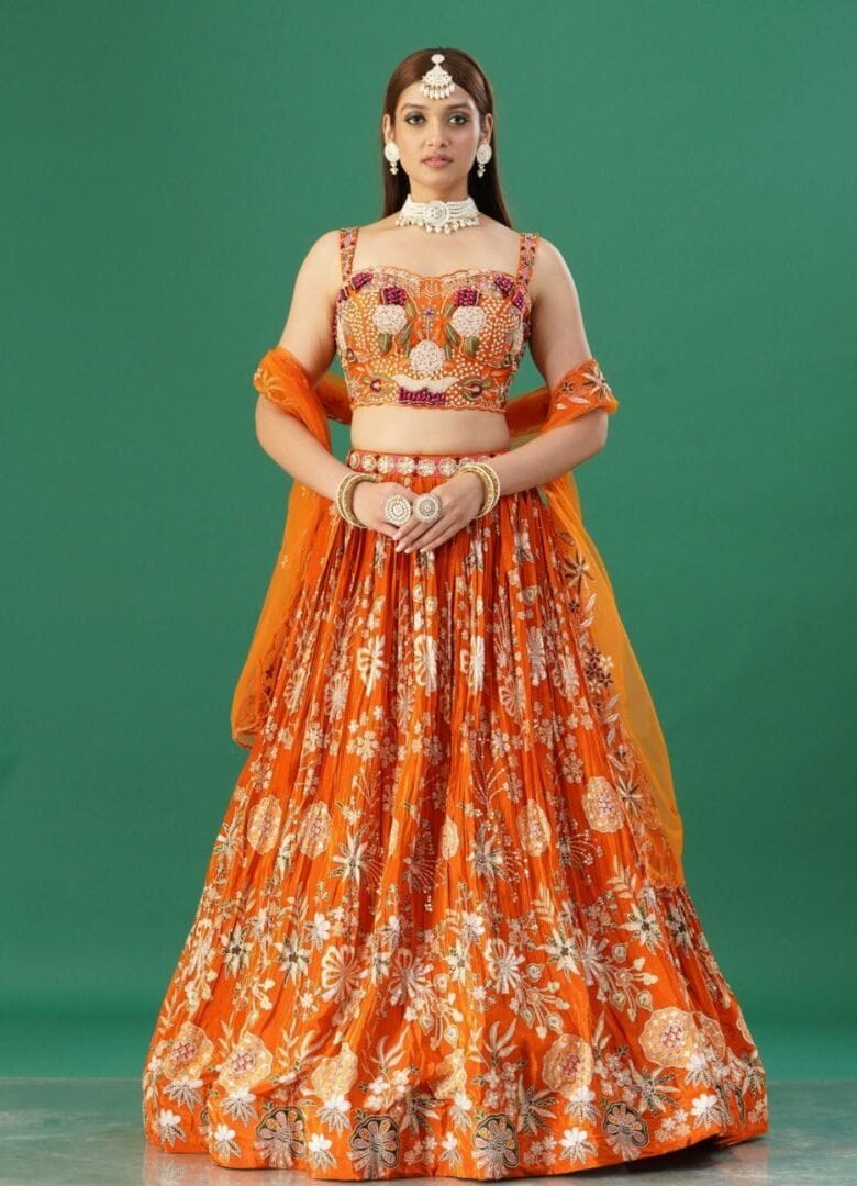 Orange Printed Lehenga Set