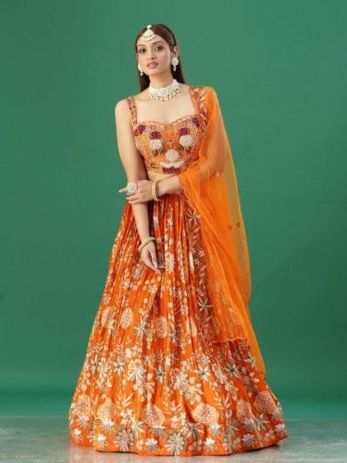 Orange Printed Lehenga Set - Image 3