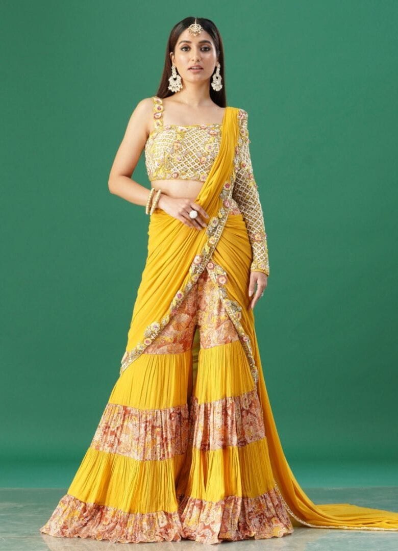 Mustard sharara saree set