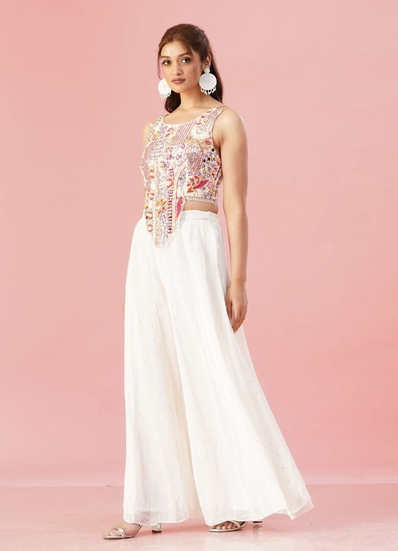 White Crop Top and Flared Palazzo Set