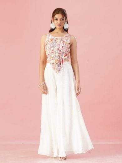 White Crop Top and Flared Palazzo Set - Image 3