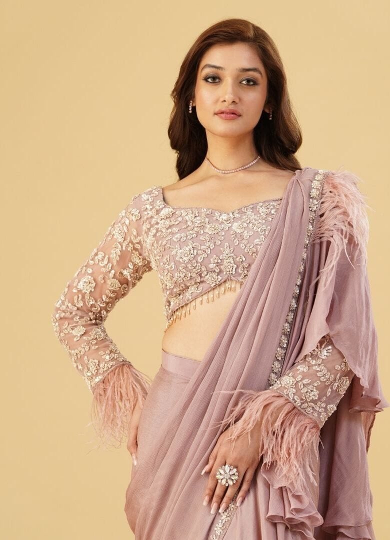 Onion Pink Ruffle Pre- Drapped Saree