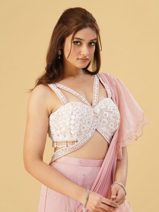 Peach Georgette Drape Sharara Saree Set