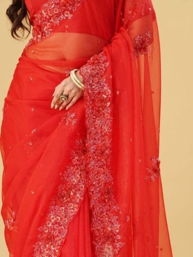 Red Organza Embroidered saree - Image 3