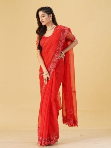 Red Organza Embroidered saree - Image 4