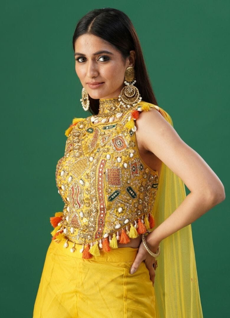 Mustard Organza Flared Pants with Crop Top