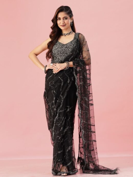 Black embellished net saree