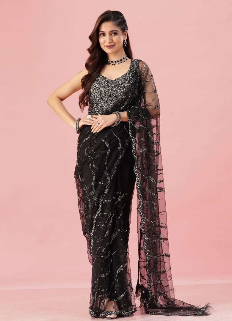 Black embellished net saree