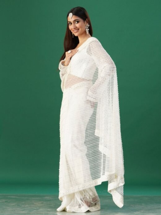 White pearl embroidered saree