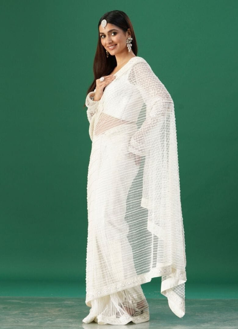 White pearl embroidered saree