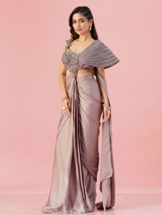 Grey silk saree with drape