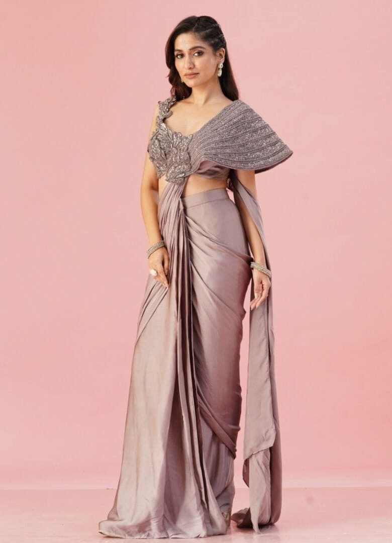 Grey silk saree with drape