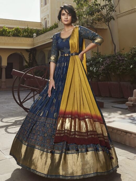 Ethnic Blue Ajrakh Printed Gajji Silk Anarkali