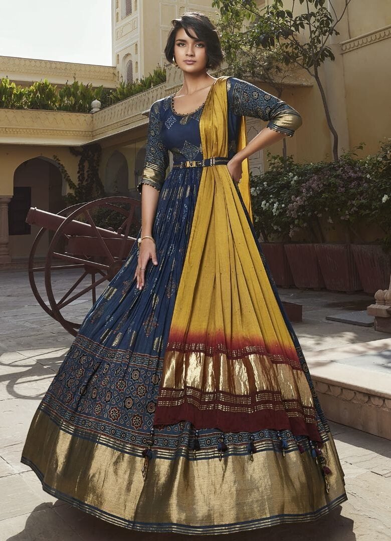 Ethnic Blue Ajrakh Printed Gajji Silk Anarkali