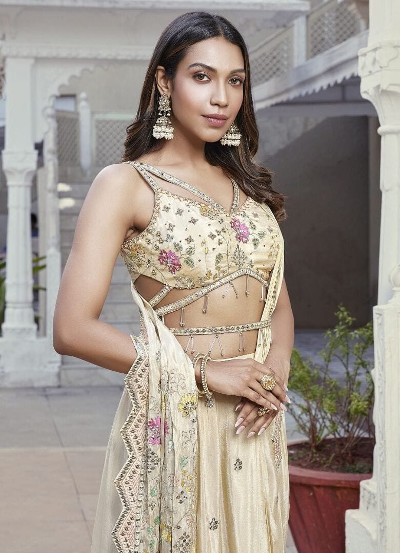 Cream floral embroidered pre drape