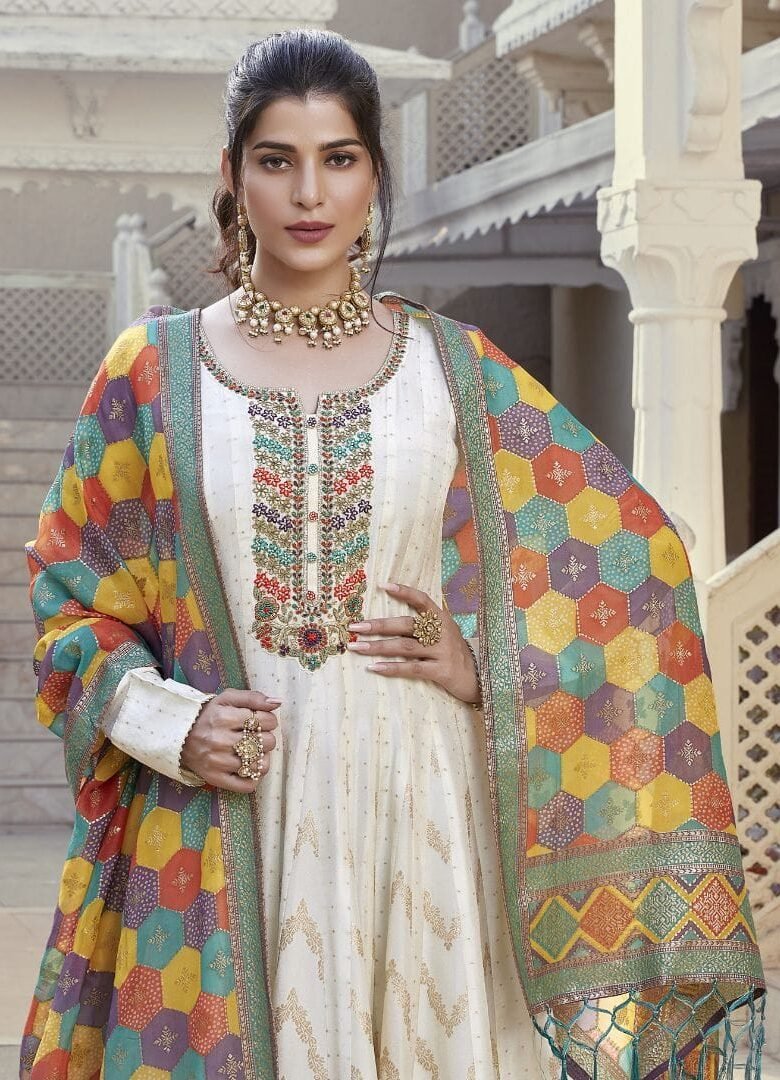 White Silk Gown Multicolor