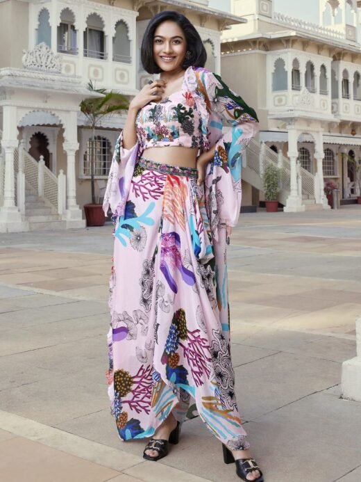 Pink Tropical Print Dhoti Set