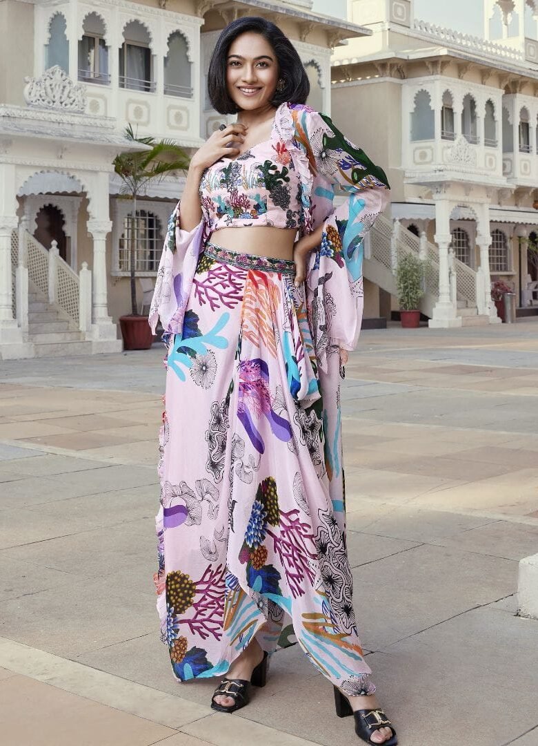 Pink Tropical Print Dhoti Set