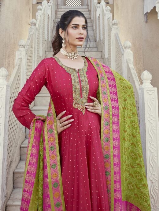 Red Silk Gown Green Contrast