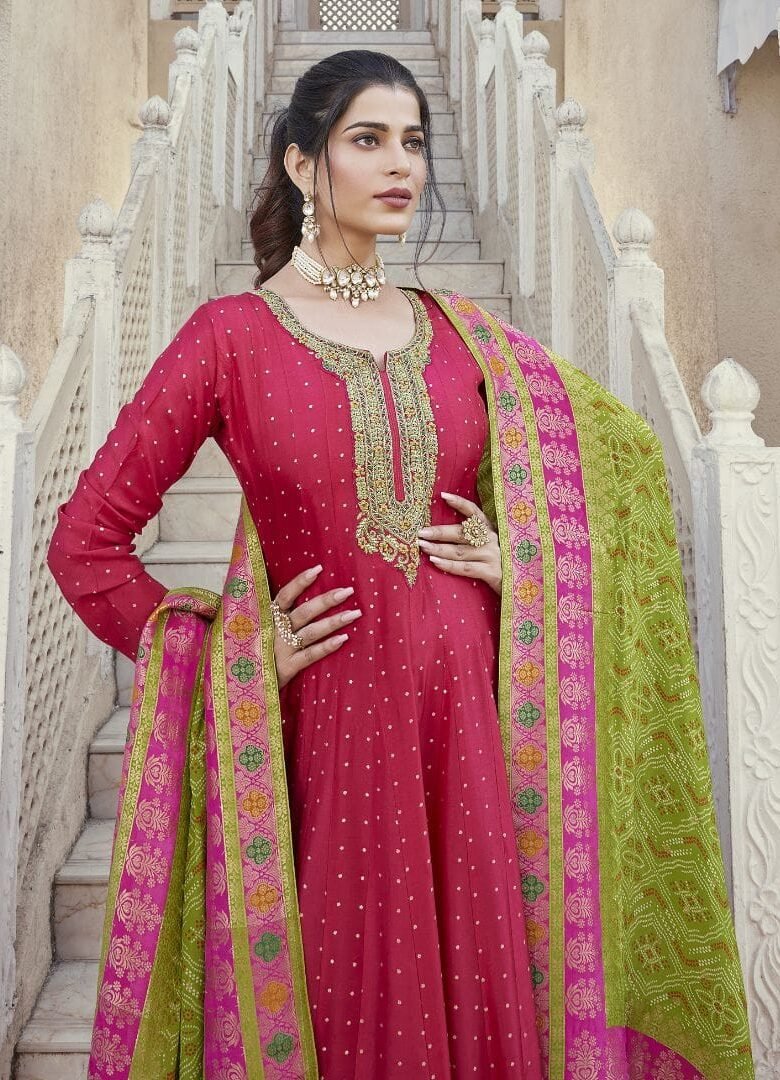Red Silk Gown Green Contrast