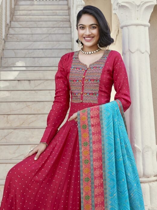 Red Silk Gown Blue Contrast