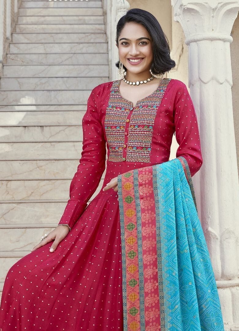 Red Silk Gown Blue Contrast