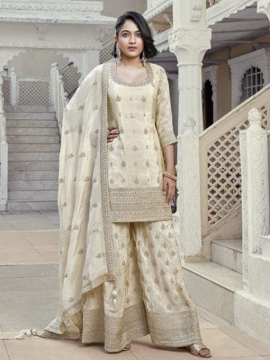 Silk Embroidered Cream Suit