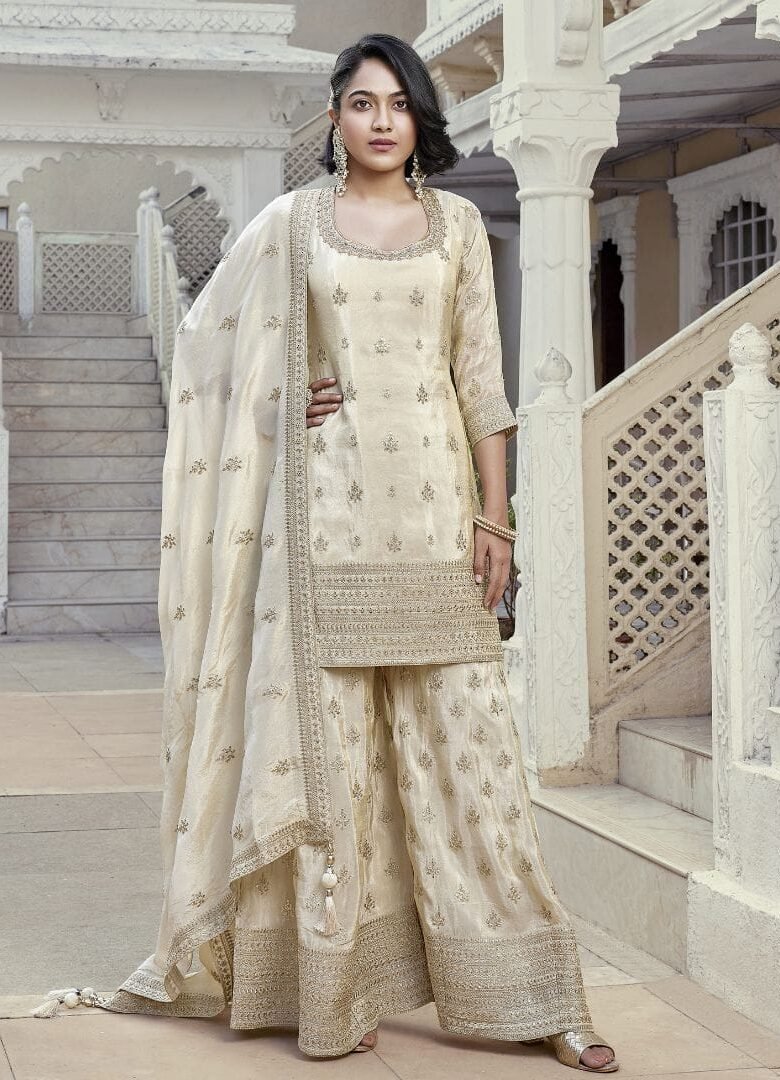 Silk Embroidered Cream Suit
