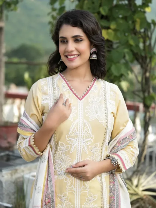 White and Yellow Cotton Kurta Set
