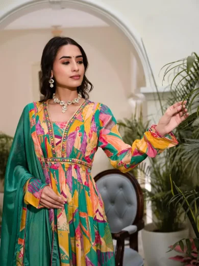 Green Silk Printed Kurti Set