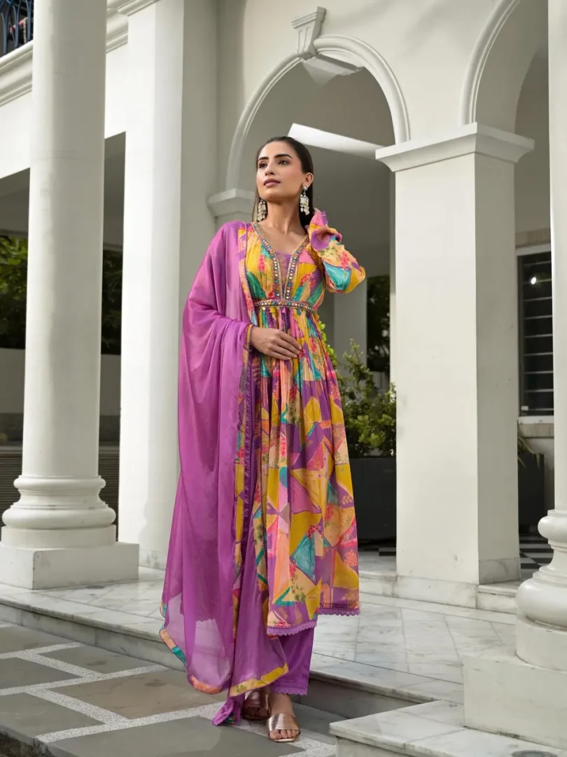 Purple Silk Printed Kurti Set - Image 3