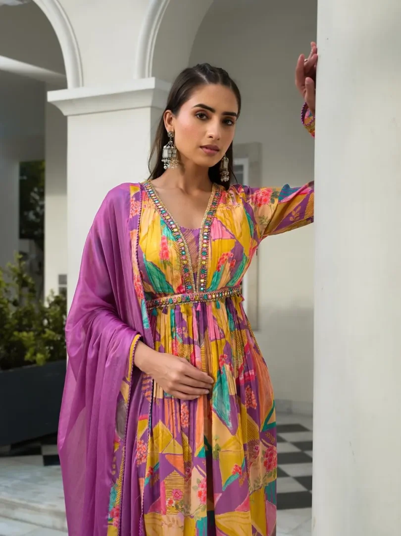 Purple Silk Printed Kurti Set