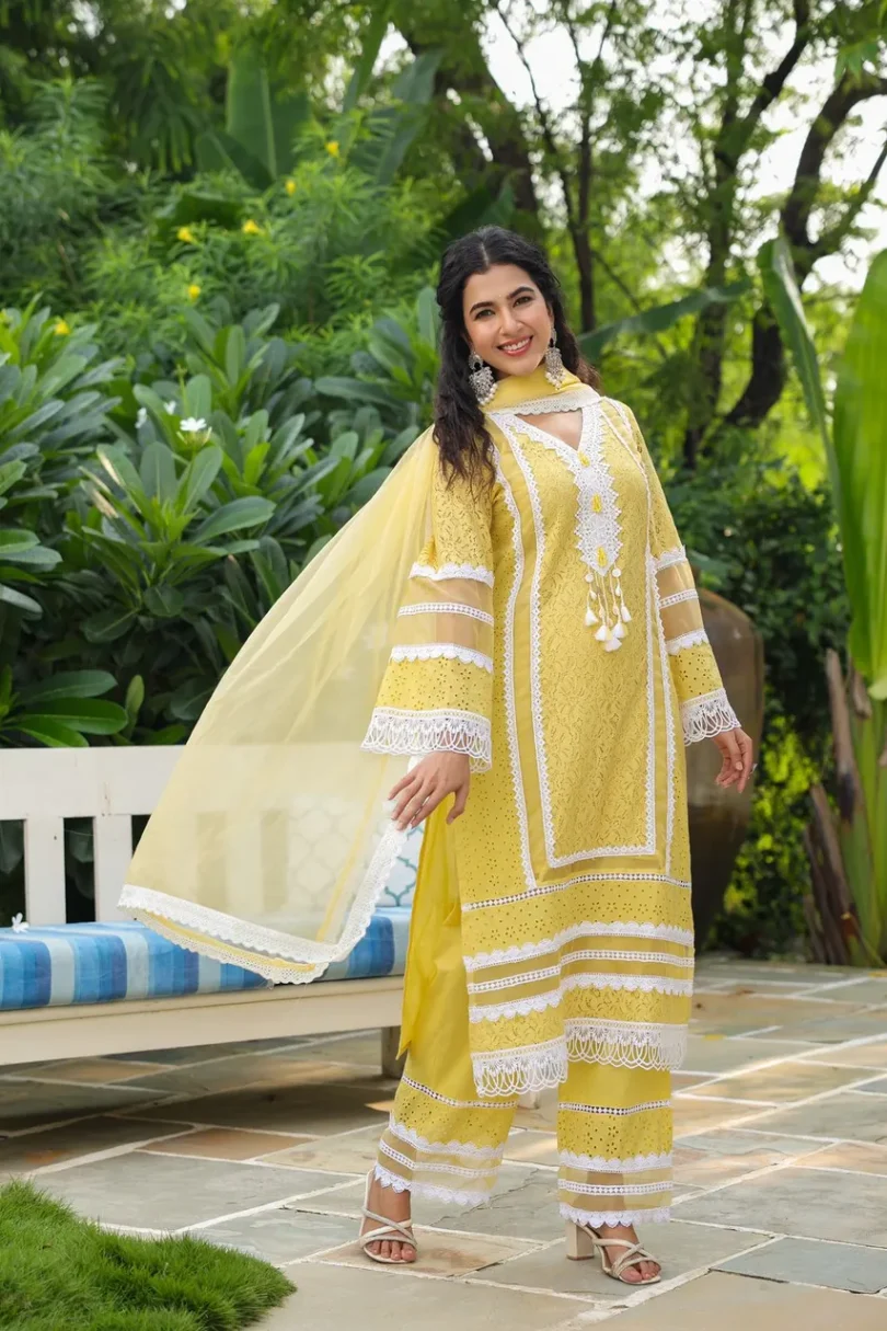 Embroidered Yellow Kurta Set - Image 3