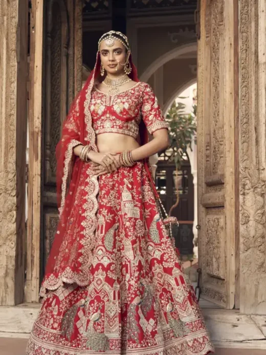 Red Raw Silk Bridal lehenga with figures embroidered