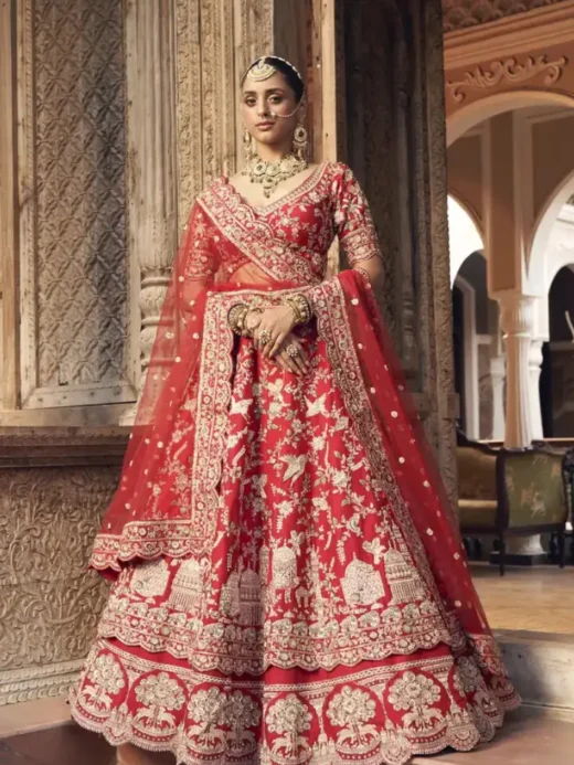 Red Raw Silk Double Layer Bridal Lehenga