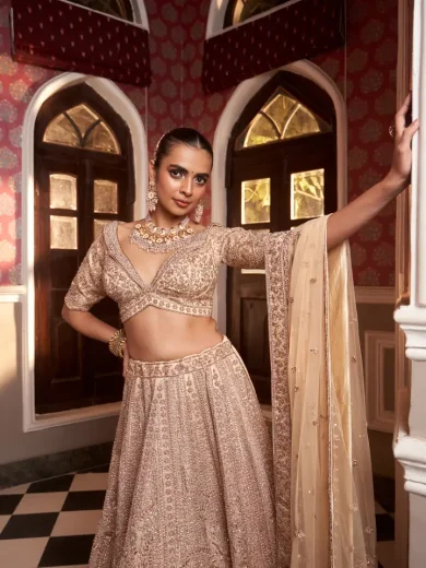 Gold Shimmer Zardosi Bridal Lehenga Set - Image 8