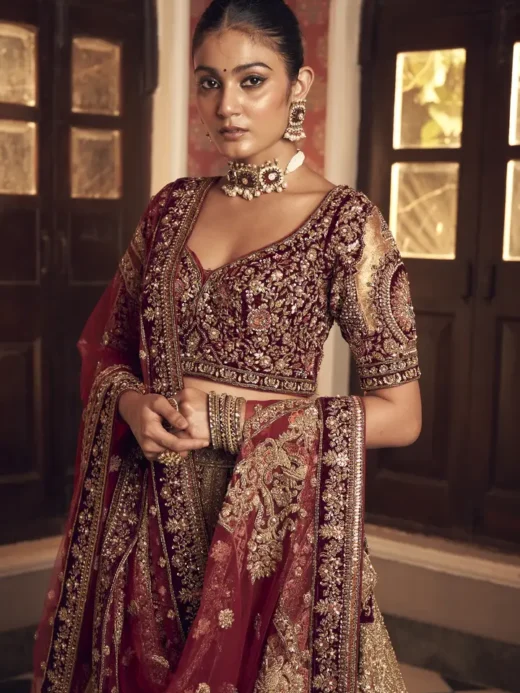 Gold Maroon Bridal Lehenga Set