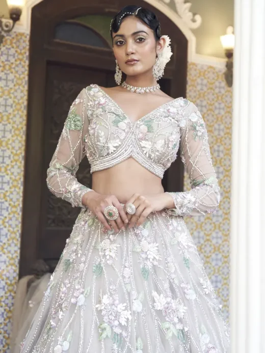 Green Floral Embroidery Lehenga