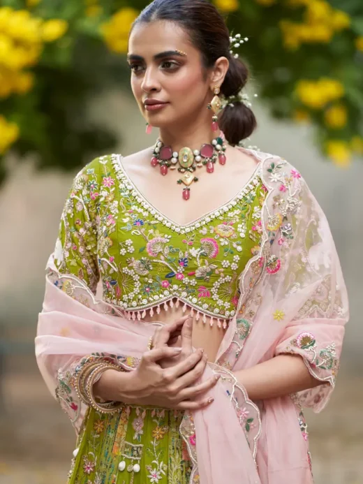 Green Raw Silk Lehenga With Pink Dupatta