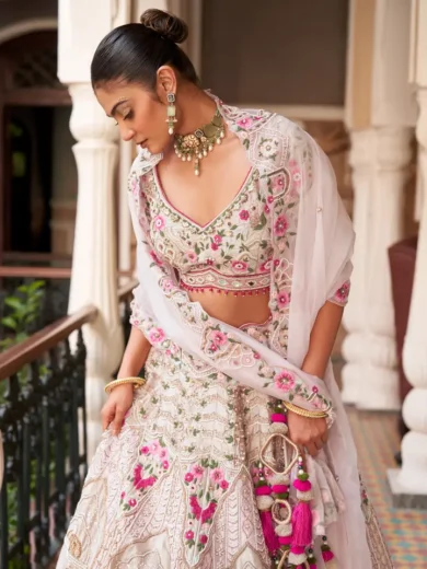 Cream and Pink Raw Silk Lehenga - Image 4