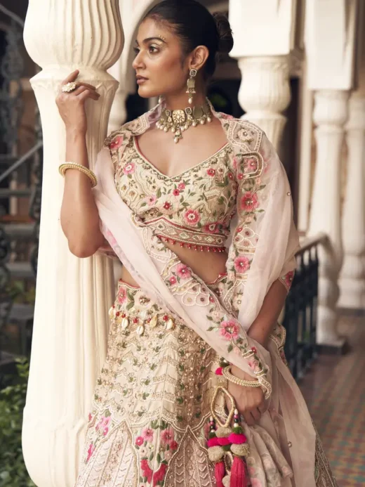 Cream and Pink Raw Silk Lehenga