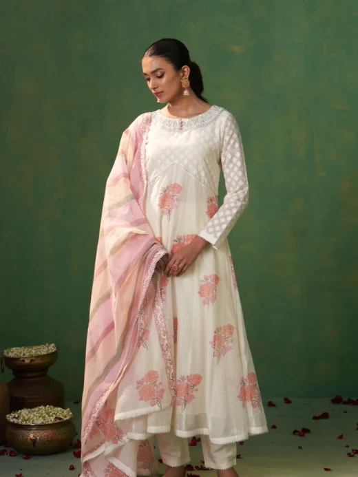 Offwhite Pure Chanderi Jacard & Liva Kalidaar Set