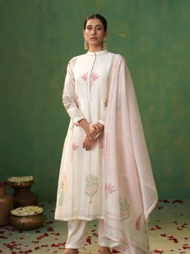 Offwhite Pure Chanderi & Liva, Gathered A Line Salwar Suit Set